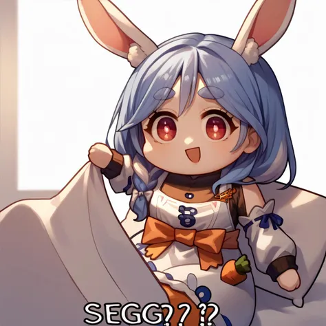 anime character with bunny ears and blue hair sitting on a bed