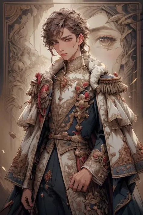 a profestional picutre of 1man, <lora:Rococo2M:0.7> long_sleeves, epaulettes, rococo outfit , Illusionists Mirage: Behavior: The characters hands perform intricate motions, conjuring illusory images that dance in the air. Their expression is mischievous as...