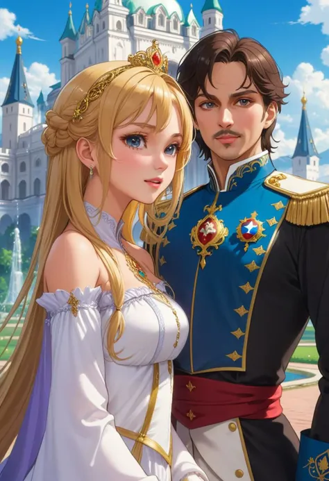 a couple of anime characters standing next to each other in front of a castle