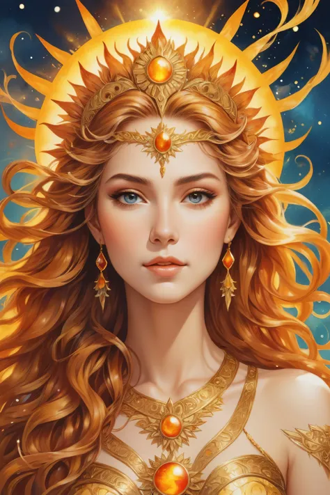 a woman with long red hair and a golden crown