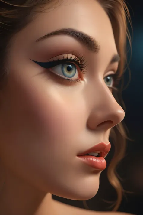 a close up of a woman with blue eyes and a black eyeliner