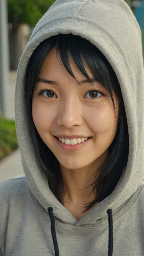 arafed asian woman in a hoodie smiling at the camera