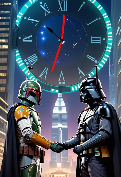 "Boba Fett and Darth Vader look into each others eyes holding hands at the countdown to midnight, new years eve. 11:59pm"
Weight:1   
"Countdown before new year. A giant futuristic clock in a skyscraper."
Weight:1   
"by artist "anime", Anime Key Visual, J...