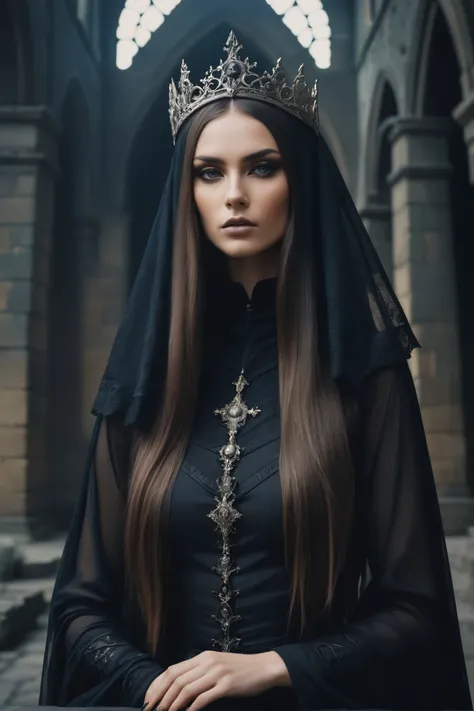 a woman in a black dress and crown standing in a church