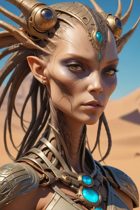 a woman with long hair and a large headpiece in a desert