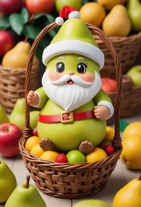 there is a green santa figurine sitting in a basket of fruit