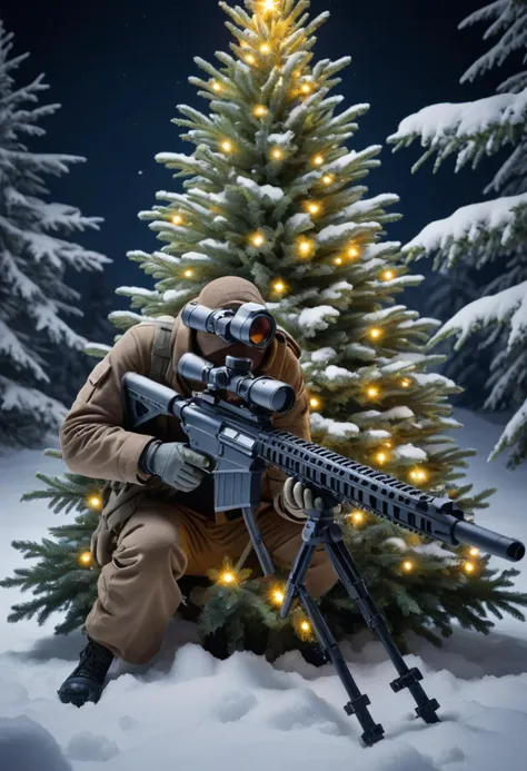 A sniper made of Christmas tree with LED light,  hiding in the snow,  night scene