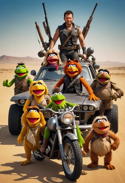 the muppets are riding in a car with guns and guns