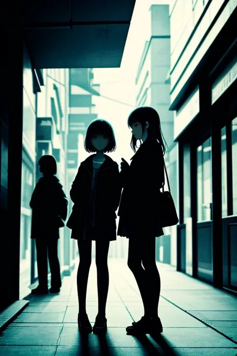 two young girls standing in a dark alley with a building in the background