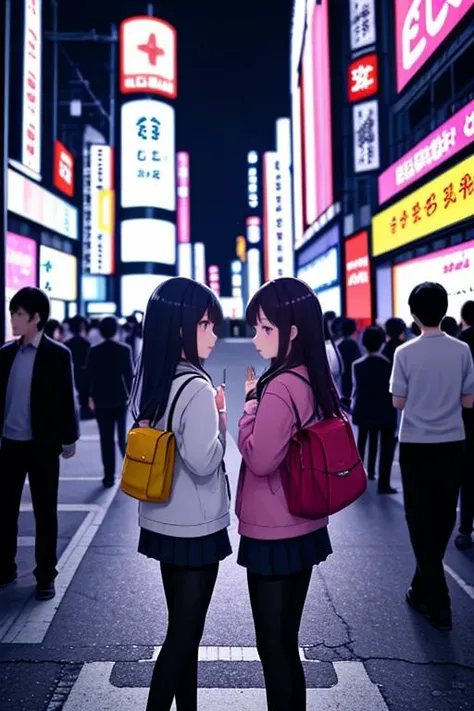 two women standing on a city street at night with neon signs