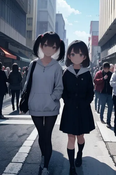 two girls in school uniforms walking down a city street