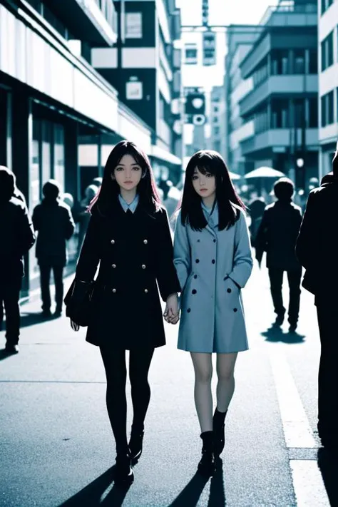 two women walking down a street in a city with tall buildings