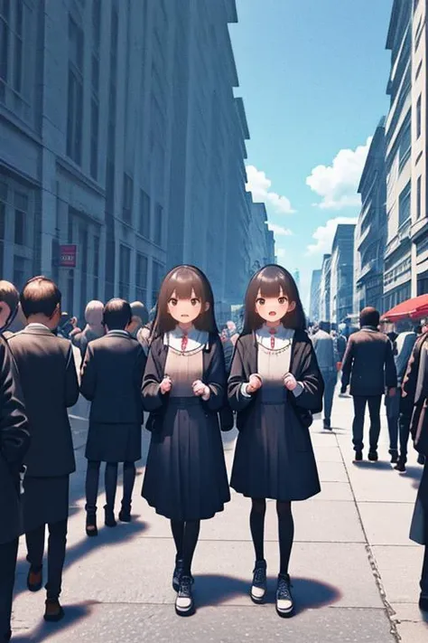 anime girl standing in a crowded street with a book