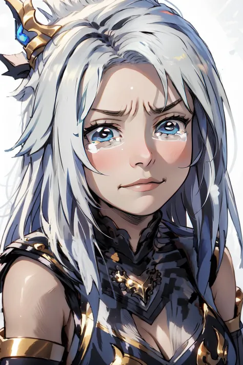 (masterpiece, best quality),  intricate details,
1girl,  <lyco:Ashe_LoL-000013:0.8>ashe (league of legends), 1girl, black dress, detached sleeves,  white hair, long hair,
 upper body, looking at viewer, portrait,  
 <lora:aqua_crying_meme:0.8> puffed out c...