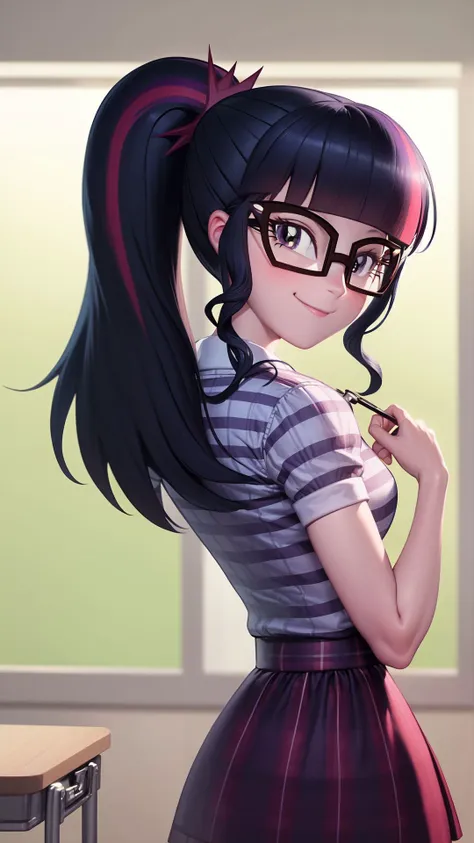 a close up of a cartoon girl with glasses and a skirt