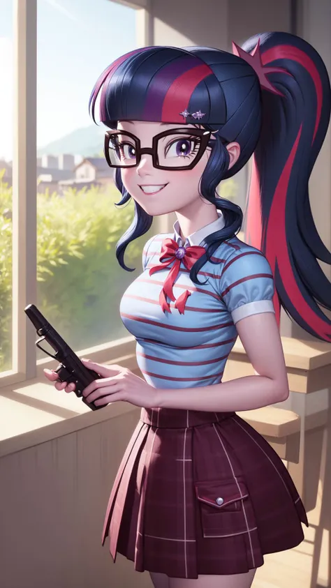 a woman in a skirt and glasses holding a cell phone