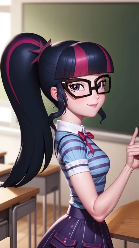 a cartoon girl in a school uniform pointing at a chalkboard