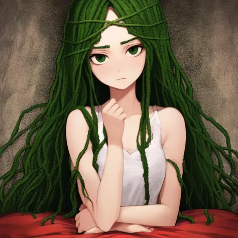 anime girl with green hair and green eyes sitting on a red blanket