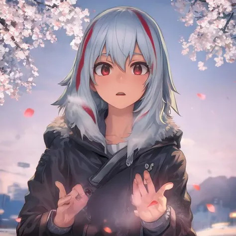 anime girl with blue hair and red eyes standing under a tree