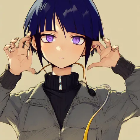 anime girl with blue hair and purple eyes holding her head