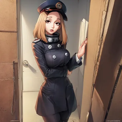 a woman in a uniform is standing in a doorway