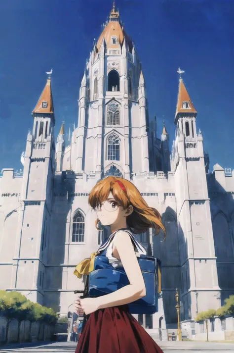 masterpiece, best quality, 1girl, looking at viewer, ultra detailed, <lora:add_detail:0.5>, <lora:rion_FW:0.9>, glasses, hairband, brown eyes,   cowboy shot, (castle, imposing fortress, medieval architecture, historic:1.1), sailor