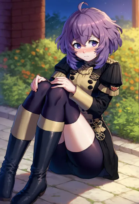 score_9, score_8_up, score_7_up, score_6_up, source anime, feh_seoreh_pnxl, fire emblem heroes, bernadetta, 1girl, shy, bernadetta von varley, solo, garreg mach monastery uniform, purple hair, bike shorts, boots ,whorled clouds, night sky, dappled moonligh...