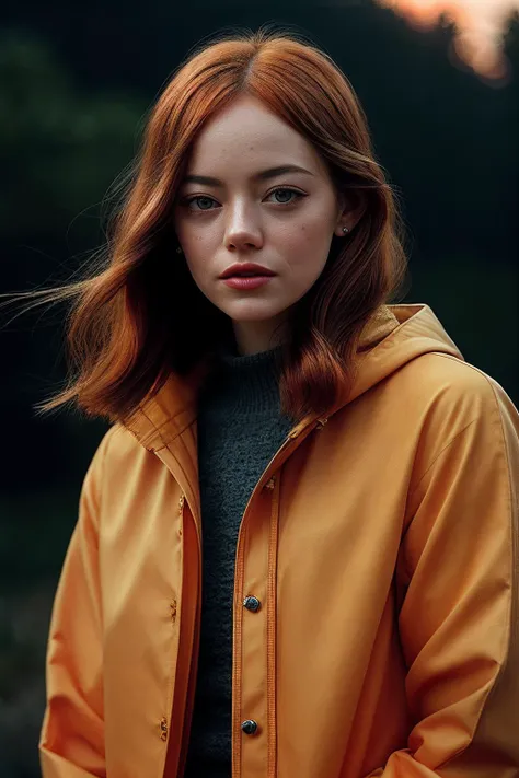 EmmaS_SoloTI_v1, a beautiful woman, perfect hair, (modern photo, Tiger Orange yellow raincoat:1.1), closeup portrait, 85mm, (analog, cinematic, film grain, hazy atmosphere:1.3), ((outside, rivendell background, sunset:1.2)), detailed eyes, (painted lips), ...