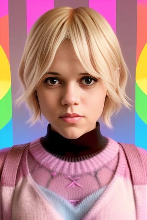 short hair , (blonde hair:1.3), smiling, rainbow sweater, pink room, w3day_15