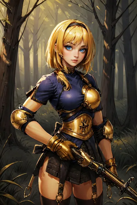 a woman in armor holding a sword in a forest