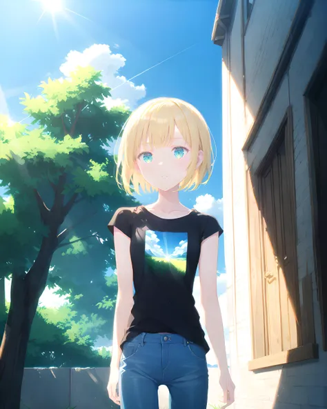 1girl, cowboy shot, standing, short hair, blonde hair, green eyes, black shirt, t-shirt, cap sleeves, jeans, collarbone, outdoor...