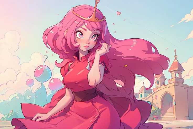 (BubblegumWaifu, Princess Bubblegum:1.0), (pink skin), (pink hair, long pink dress, pink skin, pink eyes, dress:1.2), (princess crown:1.2), (floor length hair, long princess dress:1.2), tall and slender, cartoony facial features, large round eyes, (Cowboy-...