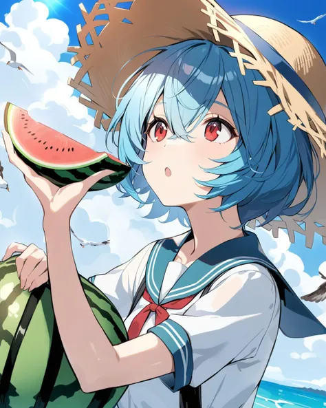 masterpiece, best quality,   <lora:ling:1>ï¼1girl, short_hair, red_eyes, hat, food, blue_hair, red_ribbon, fruit, school_uniform, holding, shirt, tokyo-3_middle_school_uniform, straw_hat, white_shirt, :o, holding_food, short_sleeves, bangs, ribbon, bird, ...