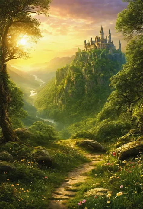 Fantasy Literature beautiful Arcadia, sunny, photorealistic, masterpiece, award winning landscape photo, hyperdetailed in Brooding landscapes, epic scale, German myth, layered symbolic density, Fantasy Literature, often for magical worlds, mythical creatur...