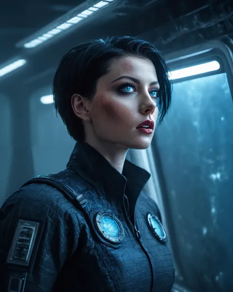 (absurdres, best quality, highly detailed:1.2), a woman with short black hair staring into the void while aboard a space station, rugged sci fi theme, digital art, blue eyes, photo, concept art, wearing a retro sci fi uniform