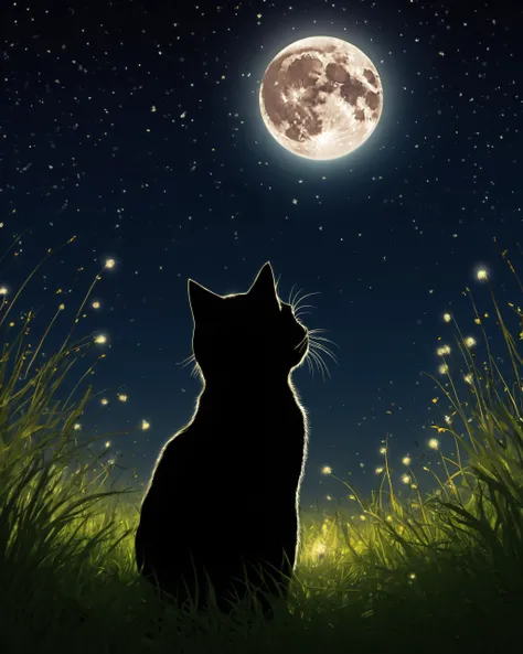 (best quality:1.2), a cat sitting in a field at night looking up at the moon while surrounded by fireflies, digital art