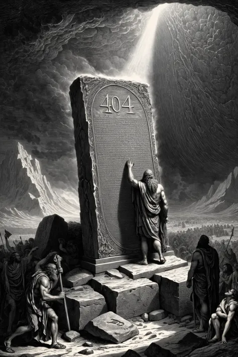 A gritty engraving etching in the style of Gustave Dore,  Moses holds a huge stone tablet with the very large and bold number "404" on it , on mount Sinai amidst a storm, uhd,  ((the number "404" written on the tablet)), 8k, intense lighting, award winning...