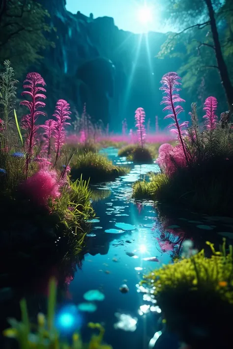 (((bioluminescent meadow with mystical creatures))), volumetric lighting, vibrant colors, 4k epic detailed, shot on kodak, 35mm ...