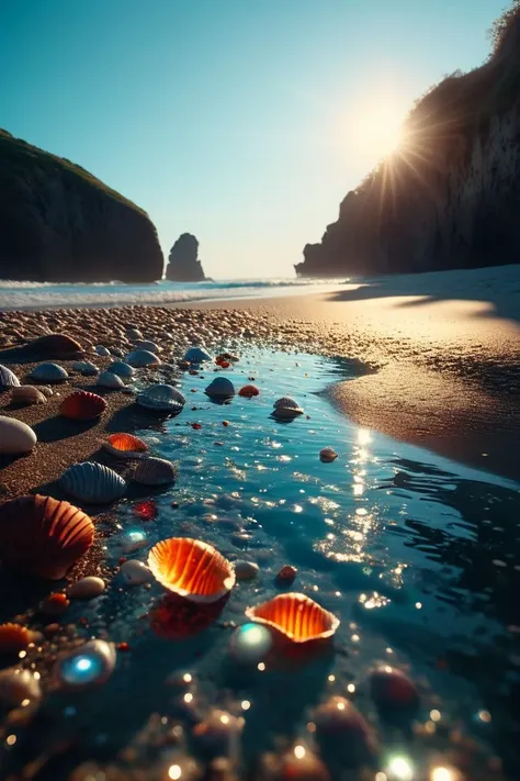 (((mystical beach with floating shells))), volumetric lighting, vibrant colors, 4k epic detailed, shot on kodak, 35mm photo, sha...