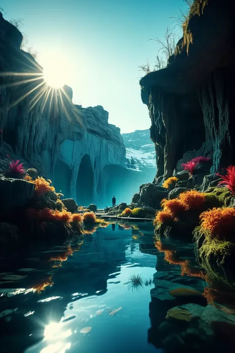 (((subterranean lake with mystical creatures))), volumetric lighting, vibrant colors, 4k epic detailed, shot on kodak, 35mm phot...