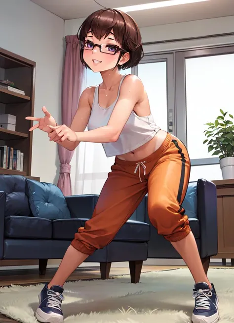 ((best quality)), ((highly detailed)), masterpiece, absurdres, extremely detailed face, beautiful face, (detailed eyes, deep eyes), <lora:more_details:.2>, (1girl), (glasses), dynamic pose, full body, tan tomboy, short hair, ((tan skin)), tanlines, athleti...