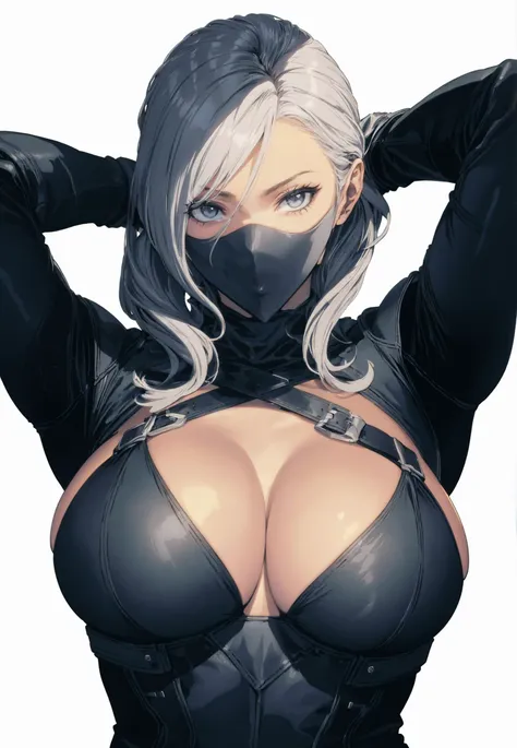 1girl, solo, (huge breasts), lips, lipstick BREAK
leather armor, assassin, cleavage cutout, arms  behind head,
(looking at viewer)
absurdres, hdr, 4k, best quality, masterpiece, (white background, simple background)