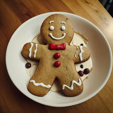 arafly decorated gingerbreads on a plate with syrup and chocolate chips