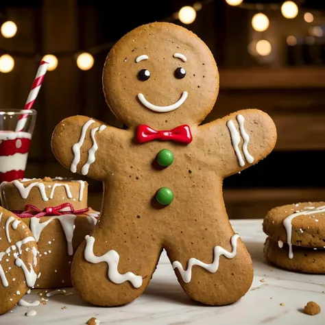 there is a gingerbread man with a bow tie and a glass of milk