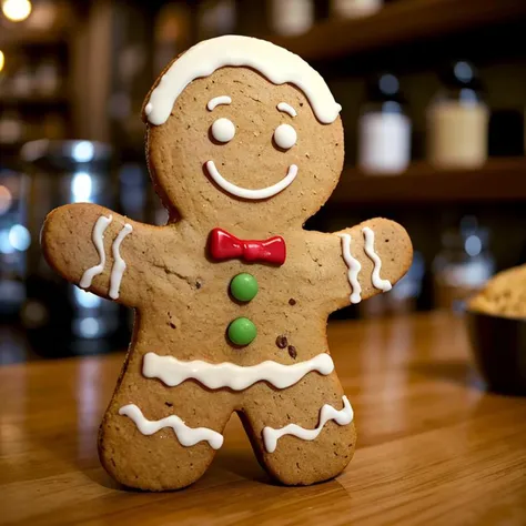 there is a gingerbread man with a bow tie on a table