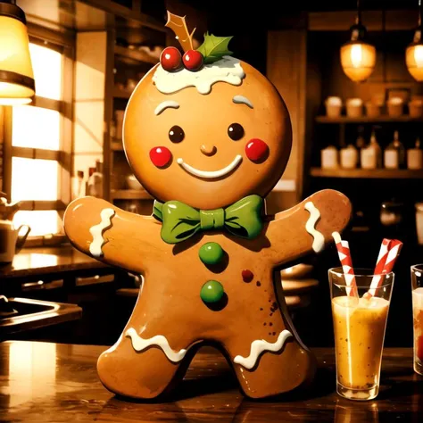 there is a gingerbread man statue on a bar with a glass of orange juice