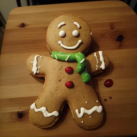 there is a gingerbread man with a green scarf on a wooden table