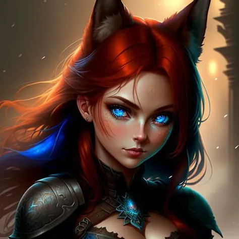 a redhead fox-girl with blue eyes, (dark shot:1.17), epic realistic, faded, ((neutral colors)), art, (hdr:1.5), (muted colors:1....