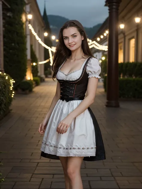 cinematic film still Photo of Georgia_Polina, 167 cm tall, slim body, smile, wearing (dirndl, traditional, bavarian, dress), Stiletto Heels, (looking at viewer:1.1), <lora:backlight_slider_v10:1.2>, <lora:epiCRealismHelper:1>, <lora:skin_tone_slider_v1:-1>...