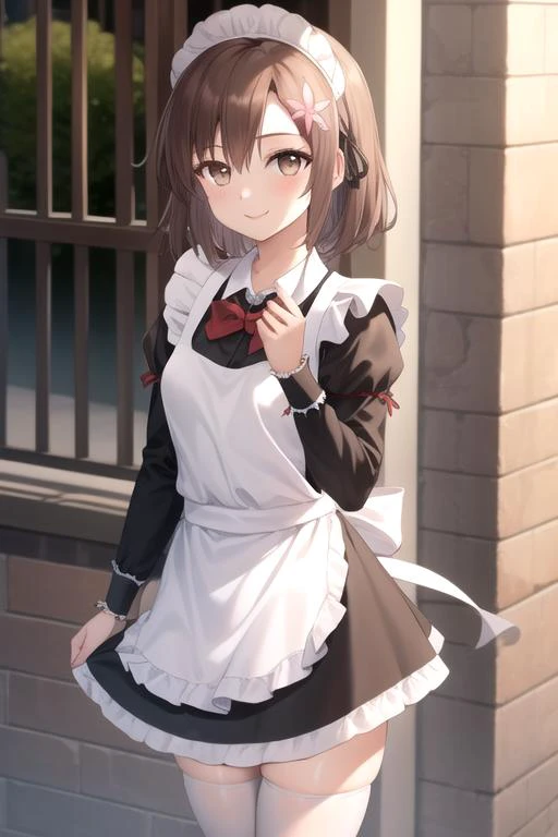 a close up of a woman in a maid outfit standing in front of a building